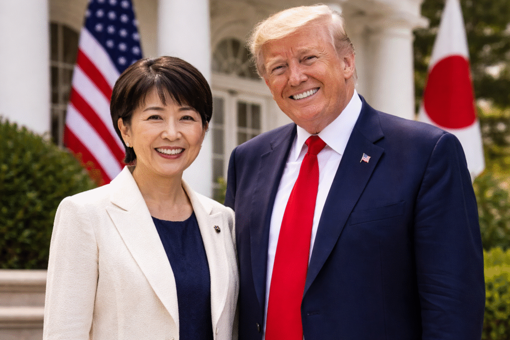 Two political leaders standing side by side outside a government building, smiling at the camera, with American and Japanese flags visible in the background.
