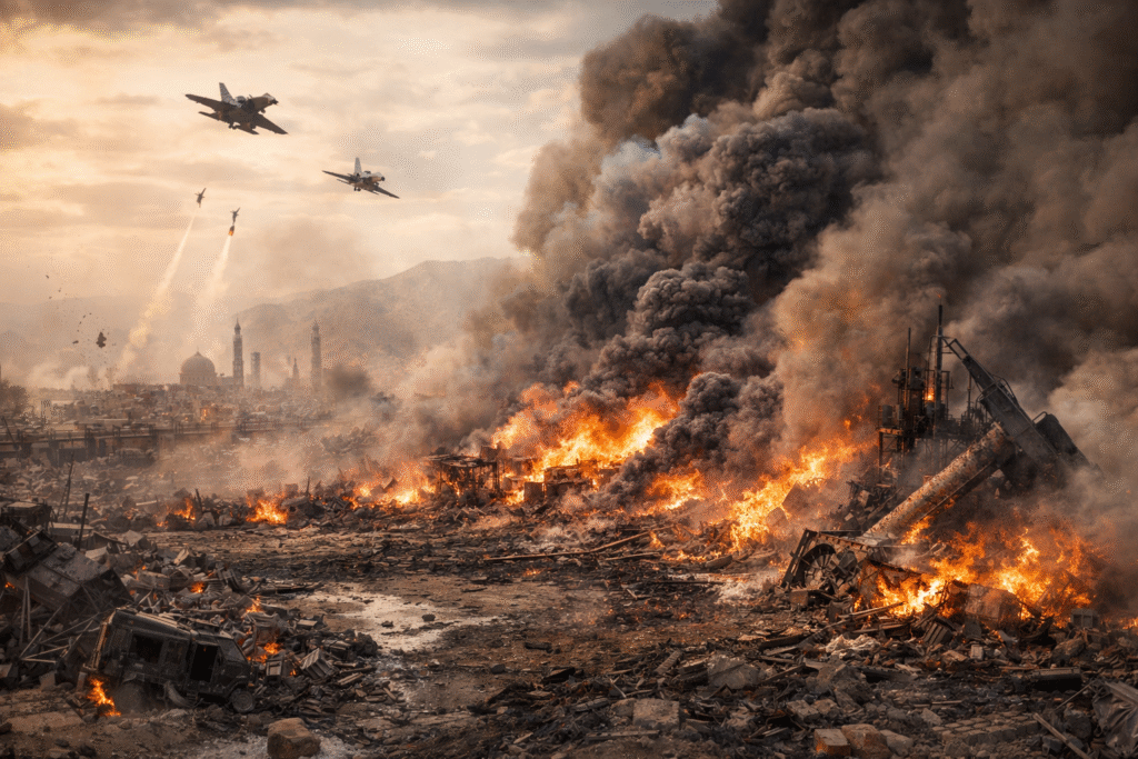 Large explosion and fire engulfing a military industrial site, with thick black smoke rising as fighter jets fly overhead and debris scattered across the ground.