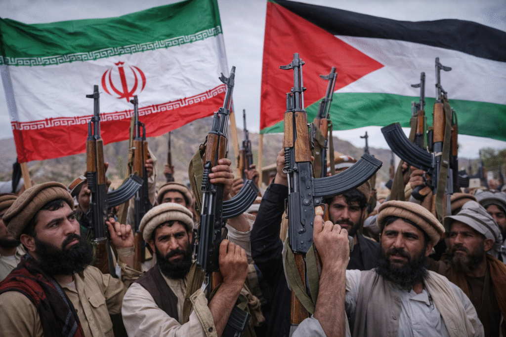 Group of armed men holding rifles with Iranian and Palestinian flags displayed behind them in an outdoor setting.