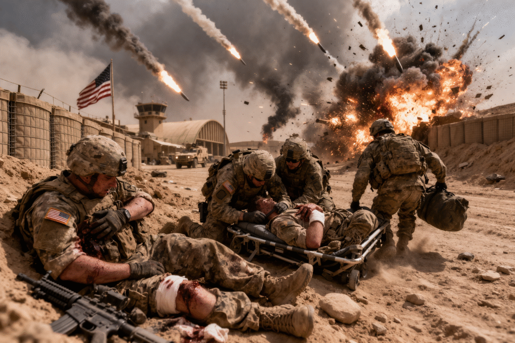 Wounded U.S. soldiers receiving emergency medical aid at a desert military base as explosions and missile strikes erupt in the background