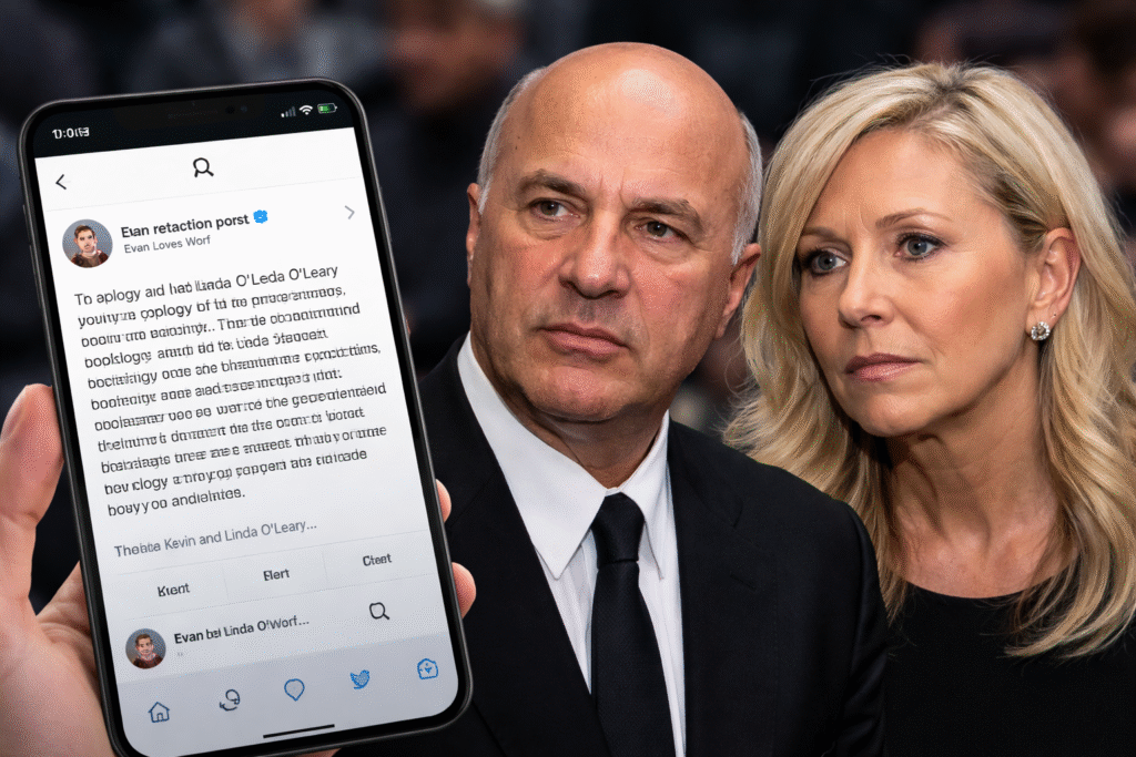 Kevin O’Leary and his wife standing beside a smartphone displaying a social media post retracting false accusations against them.
