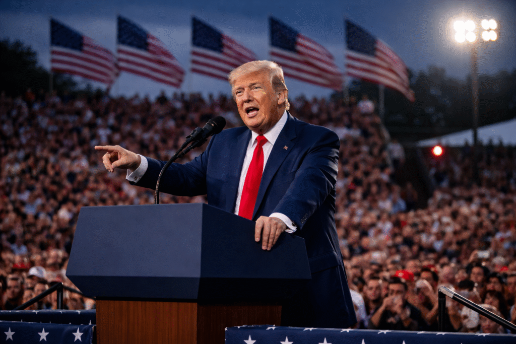 President Donald Trump speaking at an outdoor rally with American flags and a large crowd of supporters behind him.