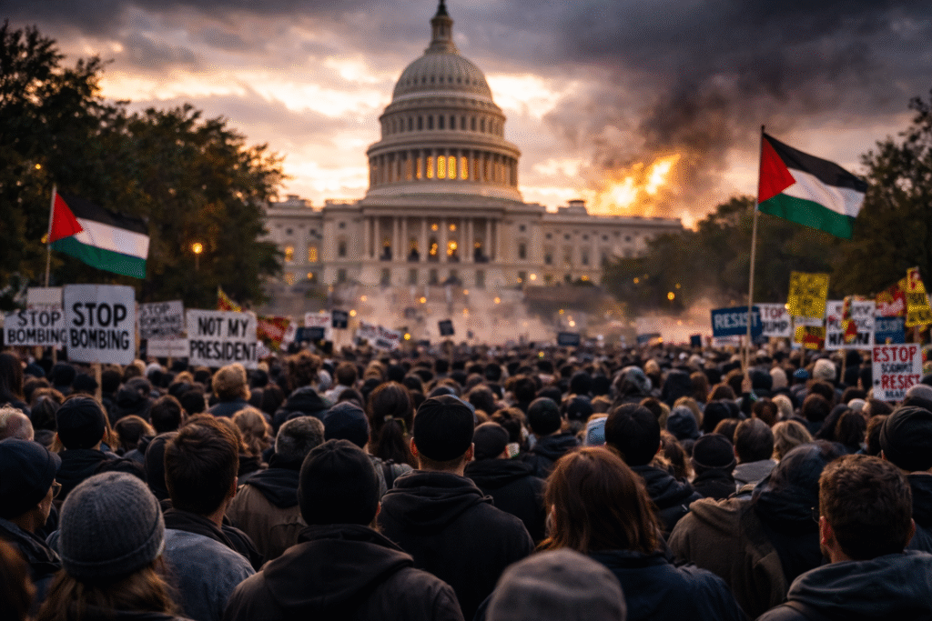 Large crowd gathered outside the U.S. Capitol at dusk with smoke rising in the distance and flags visible above the crowd under a dramatic evening sky.