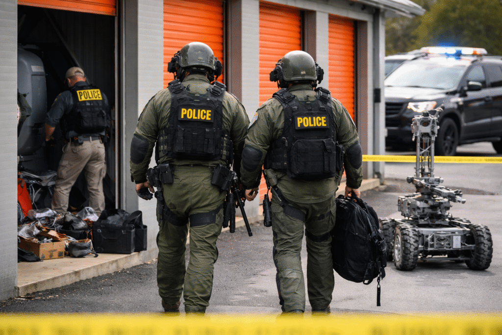 Bomb squad officers outside a storage facility unit during a police investigation with an explosives robot and patrol vehicle nearby.