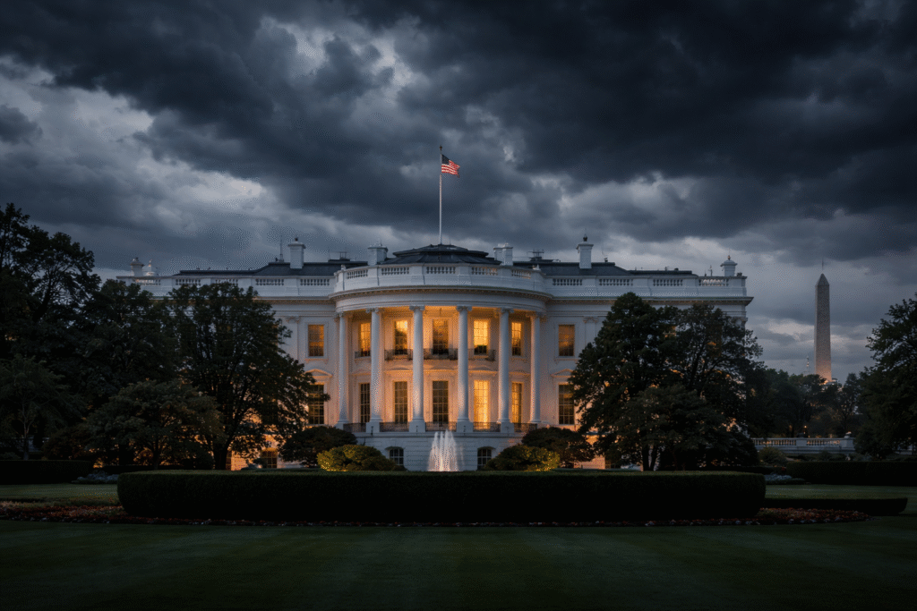White House illuminated at dusk beneath dark storm clouds with the Washington Monument visible in the background, conveying a tense political atmosphere