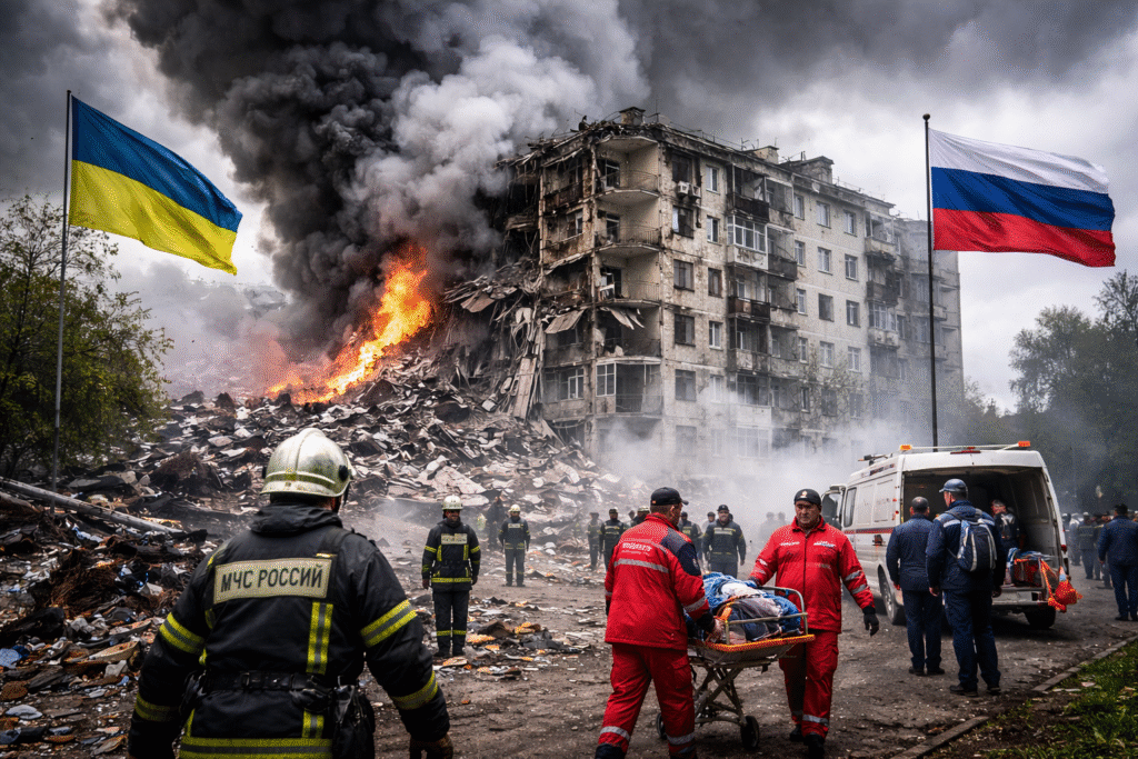 Emergency responders carry an injured person on a stretcher near a damaged apartment building with smoke rising after a missile strike in Bryansk, Russia.
