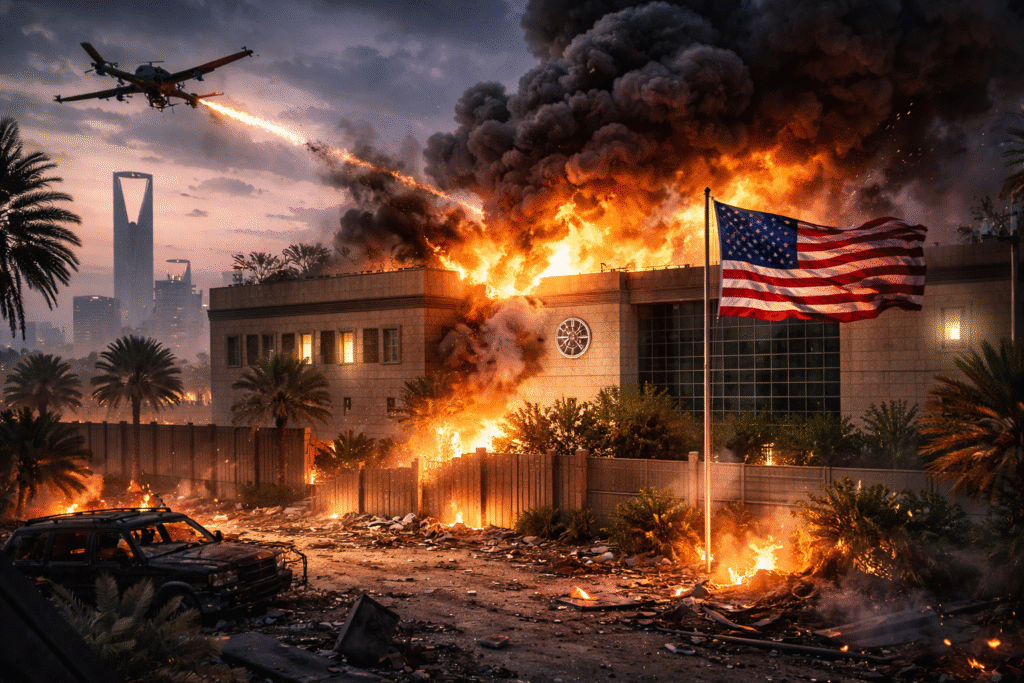 U.S. Embassy building in Riyadh engulfed in flames and thick smoke after a drone strike, with debris scattered outside and an American flag flying in the foreground at dusk.