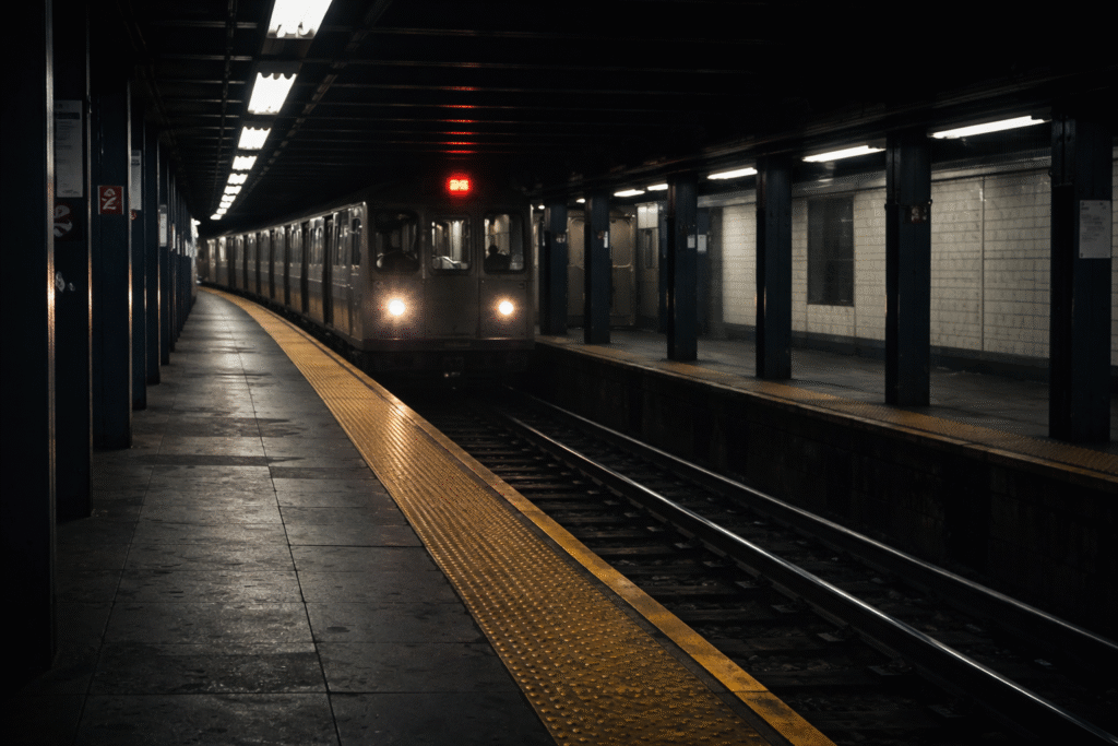 Dimly lit New York City subway platform with a train approaching on empty tracks, creating a somber atmosphere