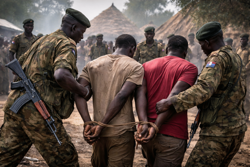 South Sudanese soldiers escort detained suspects with hands bound in a rural village setting as other troops stand nearby during a military arrest.
