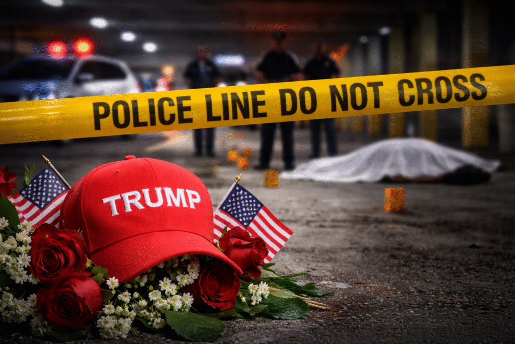 Bouquet of flowers with small American flags and a red cap placed at a parking garage crime scene, with police tape, evidence markers, and a covered body visible in the background.