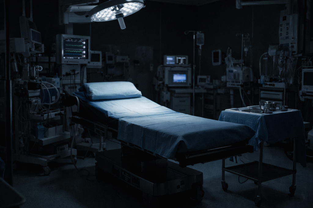 Empty hospital operating room with a surgical table under overhead lights, surrounded by medical monitors and equipment in a dim clinical setting.