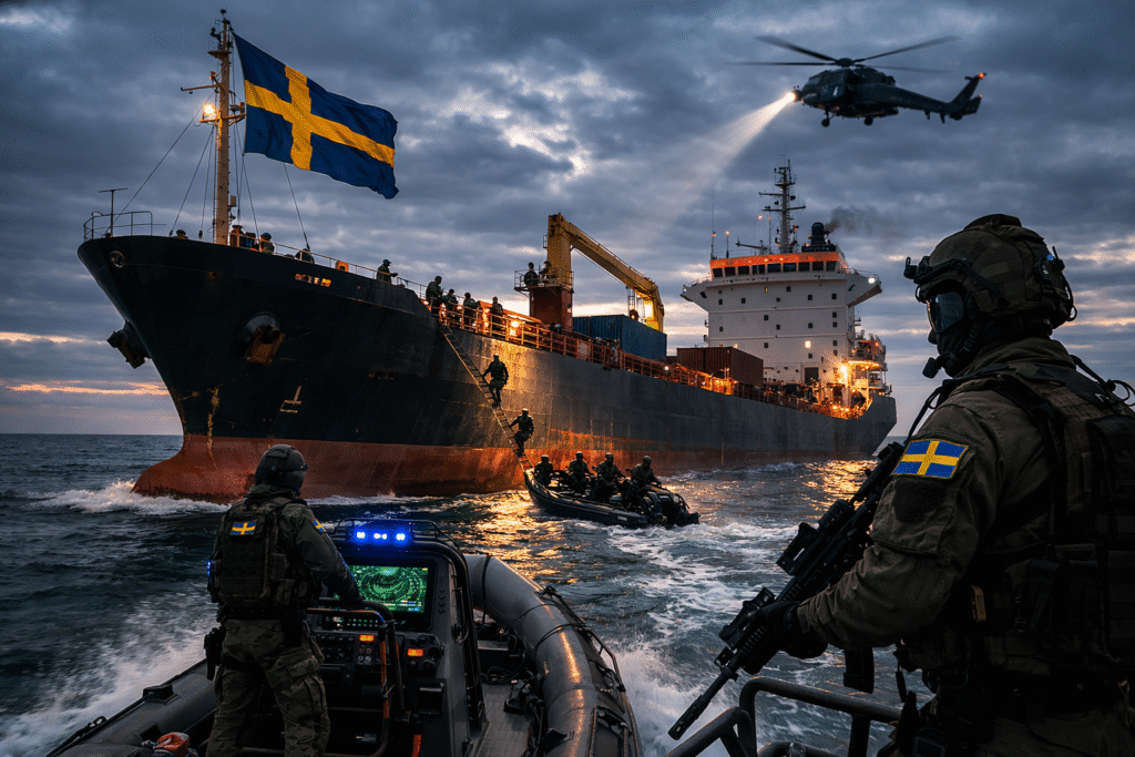Swedish armed personnel approach and board a large cargo ship in rough Baltic Sea waters while patrol boats and a helicopter support the maritime interception operation under a dark, overcast sky.