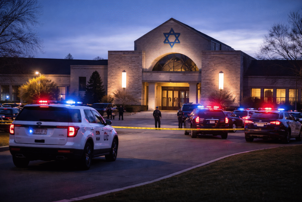 Synagogue building with Star of David above entrance surrounded by police vehicles and flashing emergency lights, with officers and caution tape visible outside at dusk
