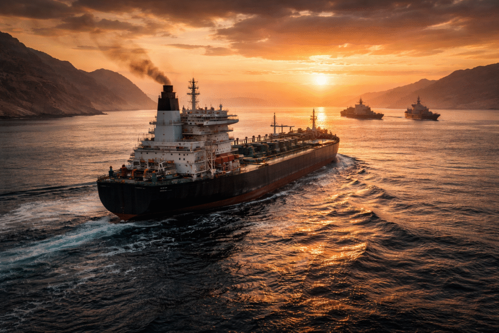 Large oil tanker sailing through the Strait of Hormuz at sunset with naval escort ships nearby and mountainous coastline visible on both sides of the narrow waterway.