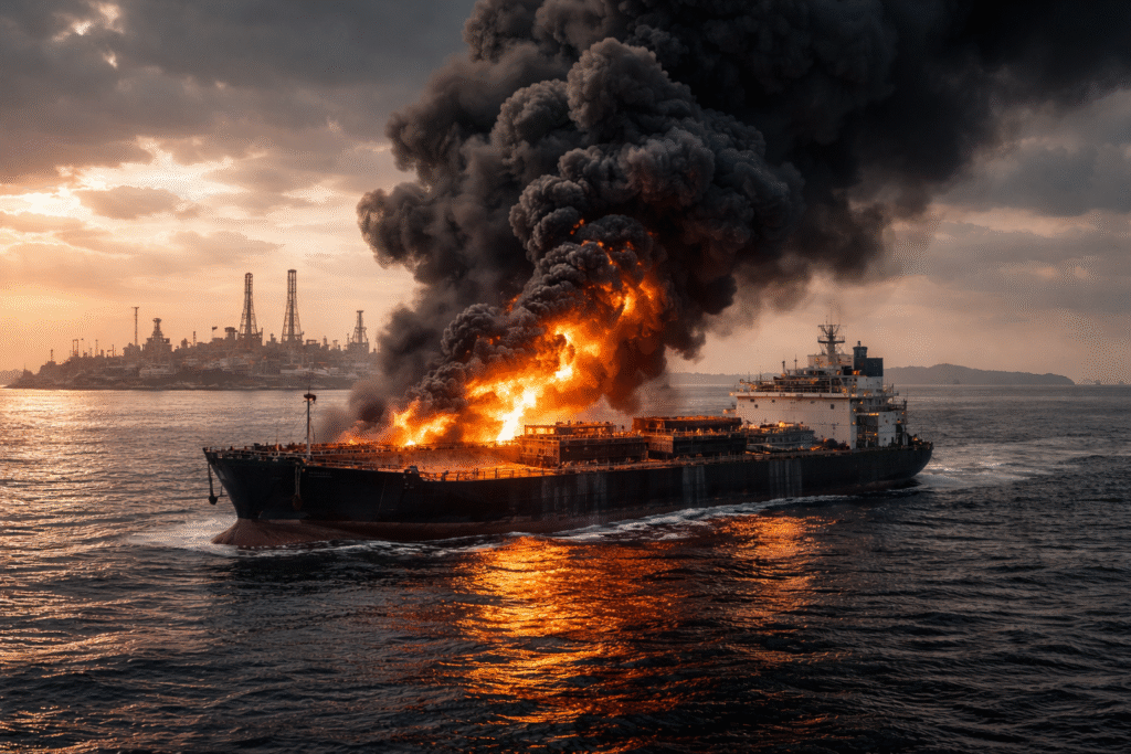 Oil tanker engulfed in flames and thick black smoke in open water near offshore oil infrastructure in the Persian Gulf.