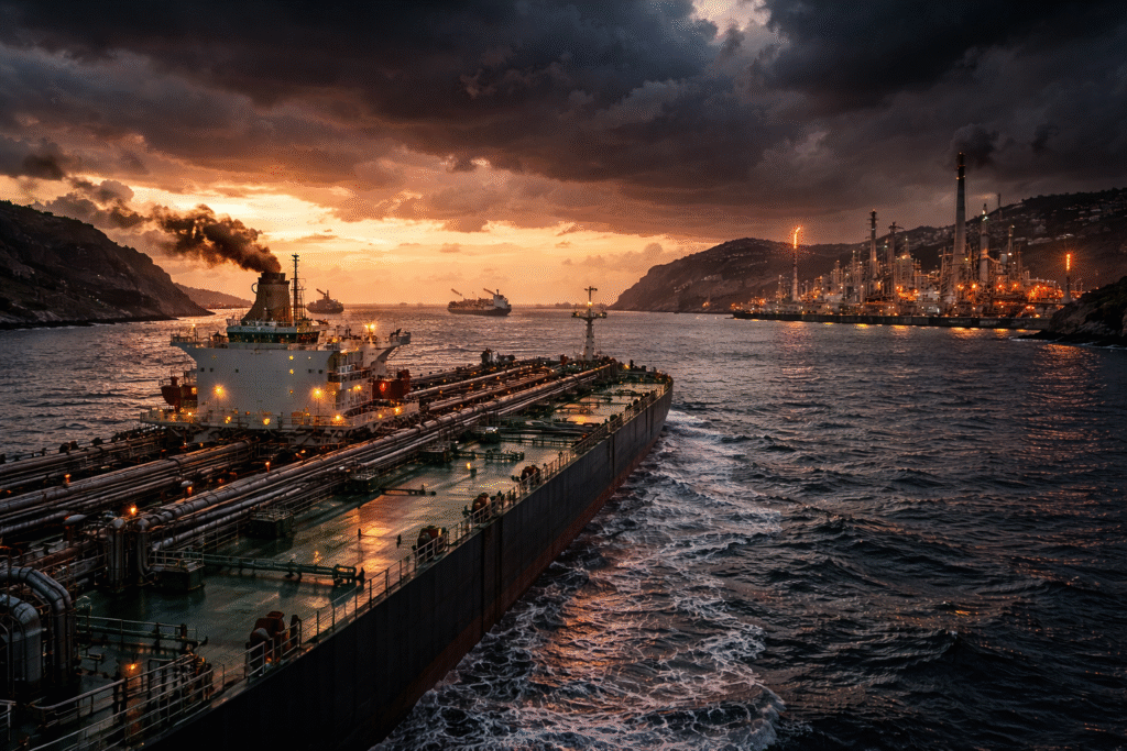 Large oil tanker traveling through a narrow sea passage at sunset with dark clouds overhead and an illuminated refinery visible along the coastline