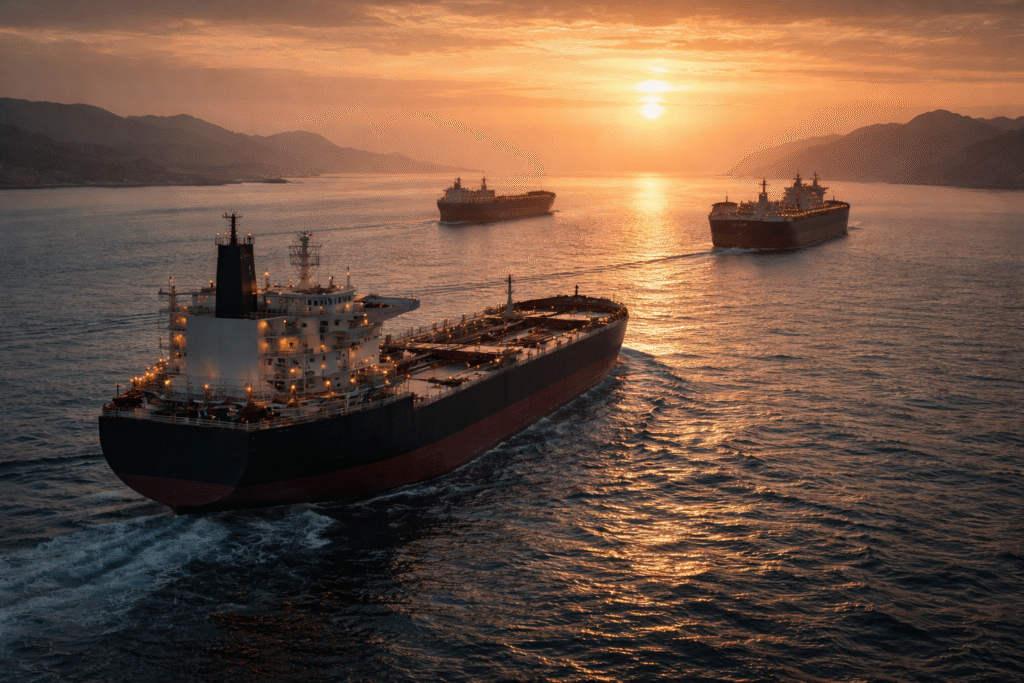 Oil tankers navigating through the Strait of Hormuz at sunset with calm waters and mountainous coastline in the background