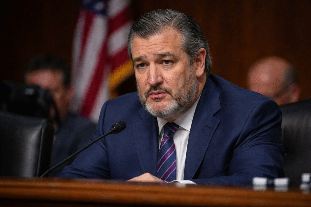 U.S. Senator Ted Cruz speaking at a Senate hearing, seated at a microphone with an American flag blurred in the background.