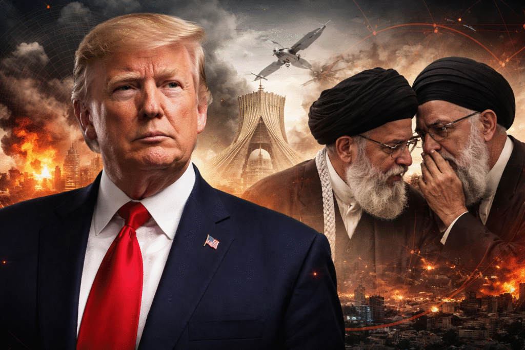 Composite image of President Donald Trump in the foreground with a stylized background of Tehran, including the Azadi Tower, military aircraft overhead, and two Middle Eastern leaders in discussion, symbolizing geopolitical tension and strategy.