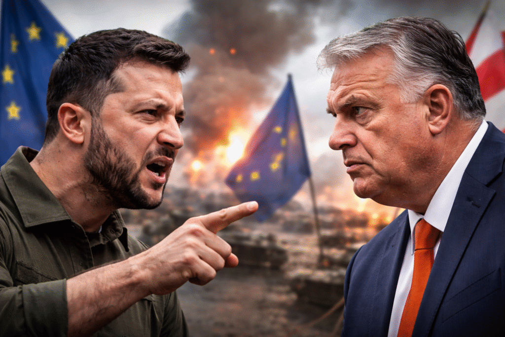 Ukrainian President Volodymyr Zelensky and Hungarian Prime Minister Viktor Orban facing each other during a tense political confrontation with European Union flags and a conflict backdrop behind them.