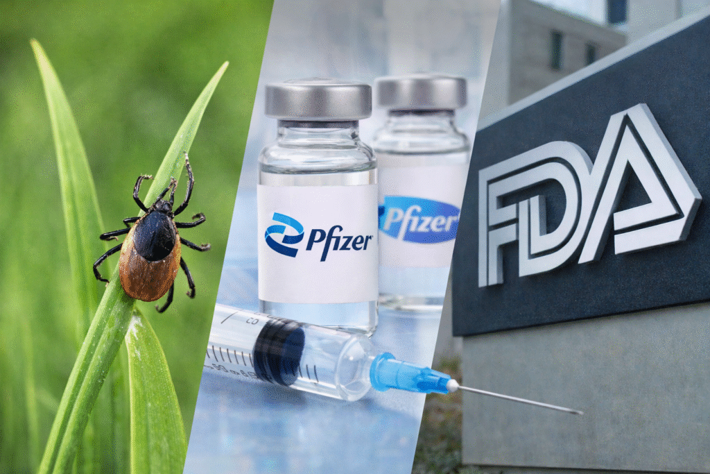 Close-up of a tick on a blade of grass beside vaccine vials and syringe, with an FDA sign visible in the background.