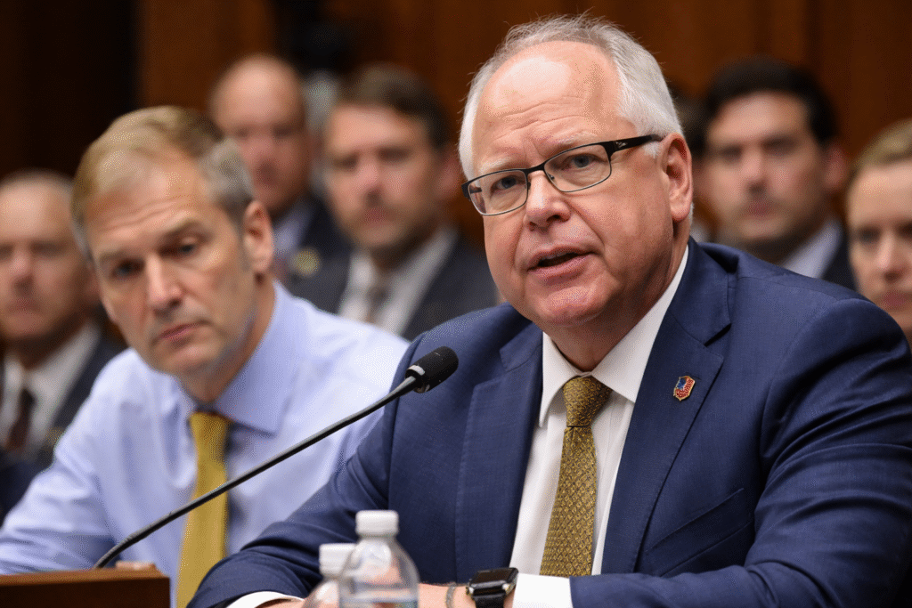 Minnesota Governor Tim Walz speaking into a microphone during a congressional hearing while lawmakers sit behind him in a government committee room.