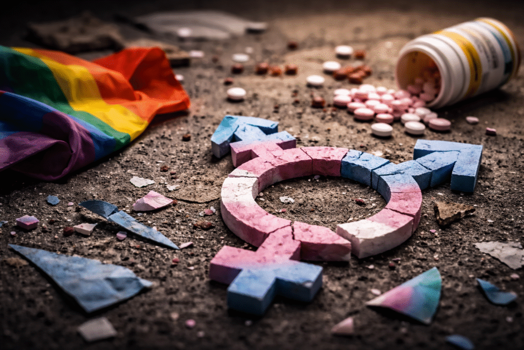 Broken transgender symbol in pink and blue on rough ground, with scattered pills and a rainbow flag nearby, representing decline in gender transition treatments
