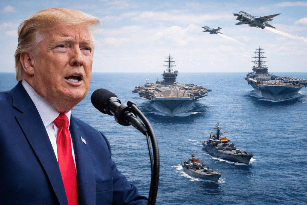 President Donald Trump speaking at a microphone with U.S. Navy aircraft carriers, escort ships, and fighter jets flying over calm ocean waters in the background.