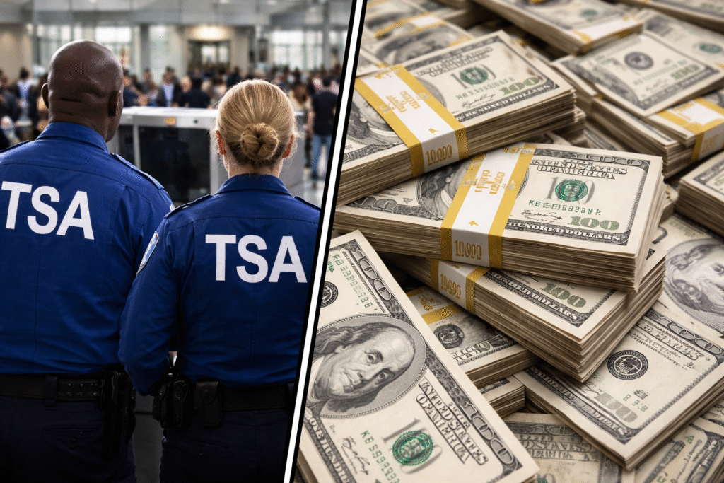 TSA officers standing at an airport security checkpoint on the left, contrasted with stacks of U.S. dollar bills on the right, separated by a bold dividing line.