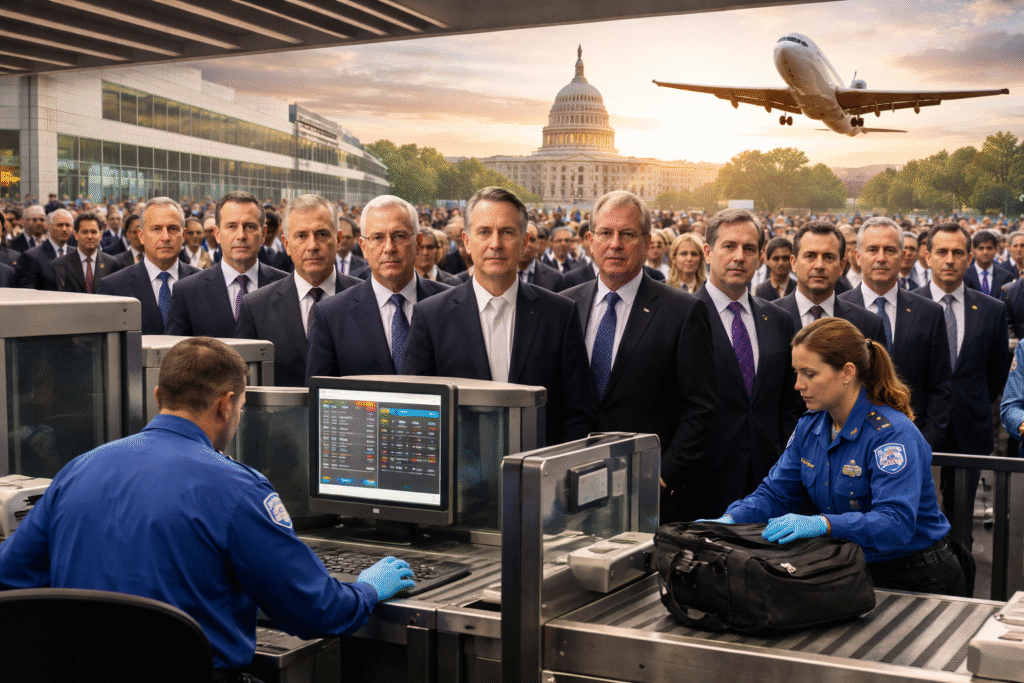 TSA officers screening passengers at an airport security checkpoint with a crowd of airline executives and the U.S. Capitol visible in the background as a plane flies overhead.