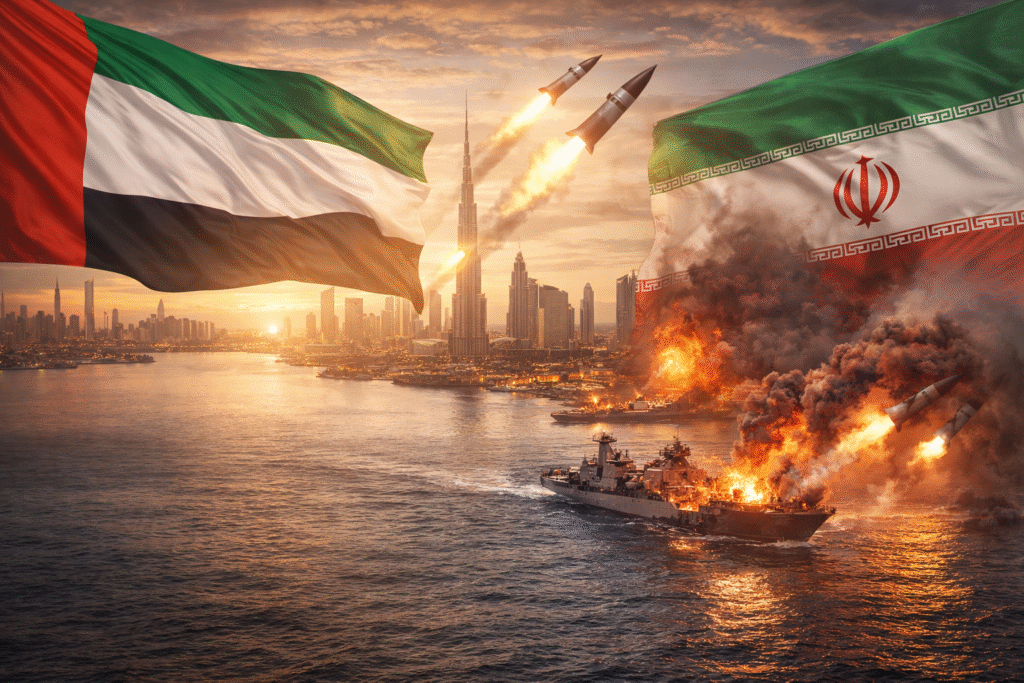 UAE and Iran flags facing each other over a coastal city skyline with missiles in the sky and a naval vessel at sea, symbolizing regional conflict and rising tensions.
