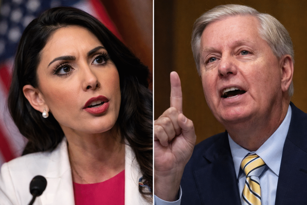 Split image showing Anna Paulina Luna speaking with a serious expression on the left and Lindsey Graham gesturing with a raised finger on the right during a public appearance.