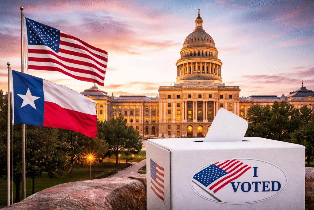 Texas State Capitol building in Austin at sunset with American and Texas flags and a ballot box in the foreground representing election voting.