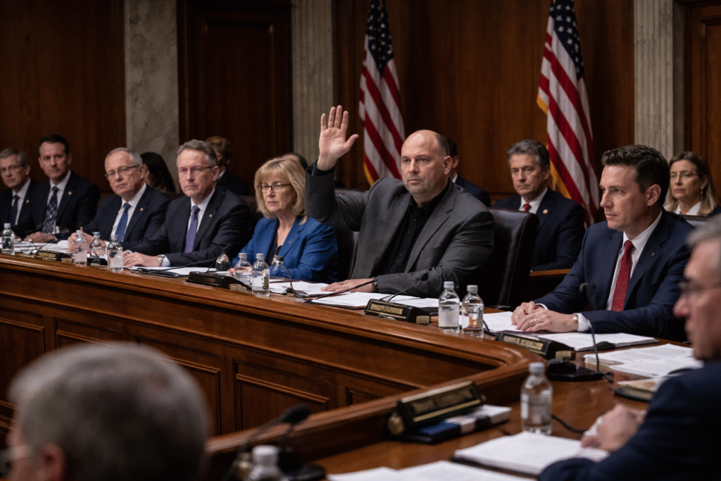 U.S. Senate committee hearing room with lawmakers seated at a long wooden dais, one senator raising his hand to vote while others watch attentively, American flags in the background.