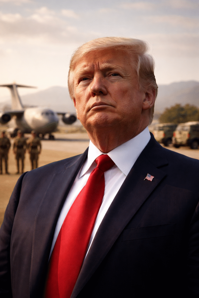 Close-up of President Donald Trump in a dark suit and red tie, standing outdoors with a military cargo plane and uniformed personnel blurred in the background under daylight.