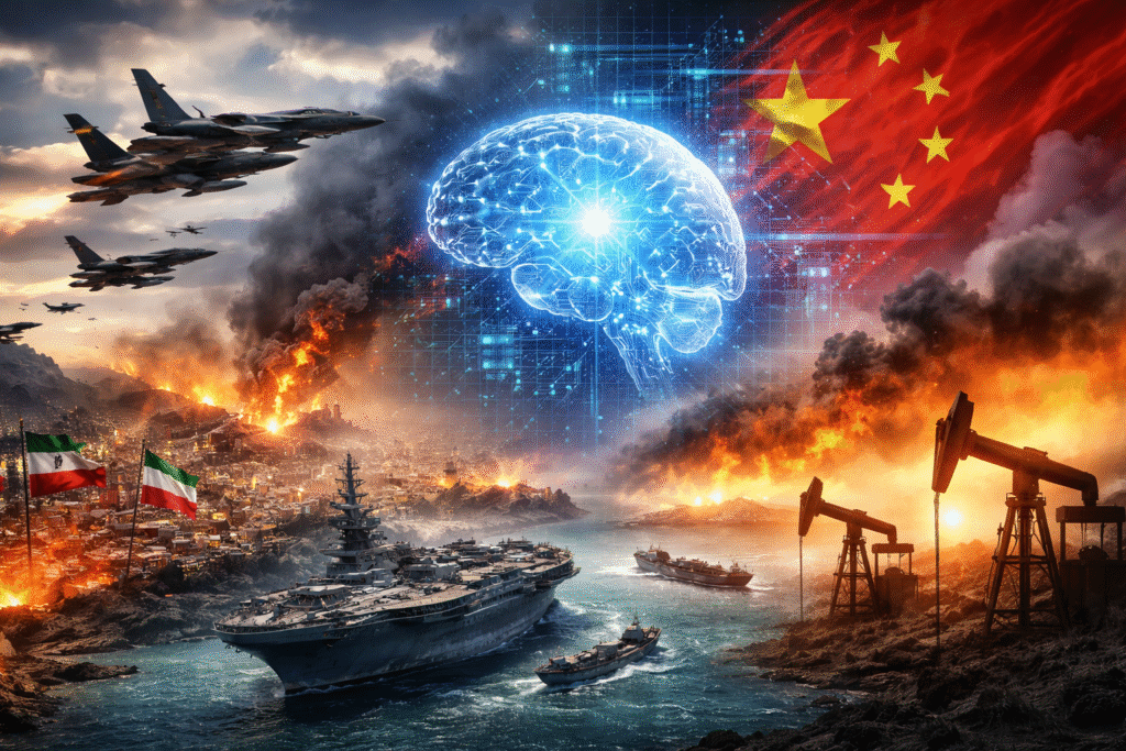 U.S. fighter jets flying over a burning Middle Eastern city while an aircraft carrier and oil tankers move through a narrow strait, with oil pumps in the foreground and a glowing digital brain graphic symbolizing artificial intelligence against a red backdrop.