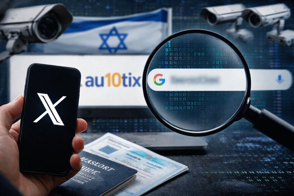 Smartphone displaying the X logo beside a passport and ID documents while a magnifying glass highlights a Google search bar, with surveillance cameras, an Israeli flag, and the Au10tix logo visible on screens in the background.