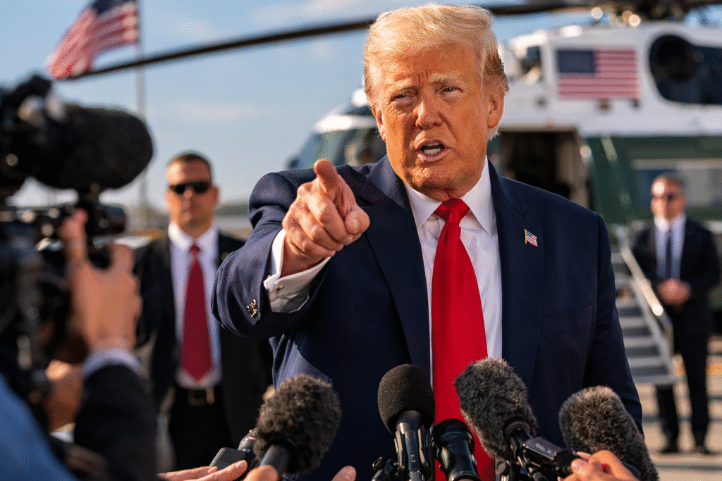 President Donald Trump speaking to reporters on an airport tarmac with microphones extended toward him and a U.S. government aircraft in the background.