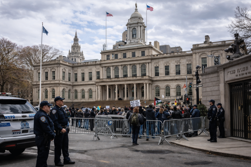 Exterior of New York City Hall with police and demonstrators nearby, symbolizing debate over protest buffer zones around houses of worship.