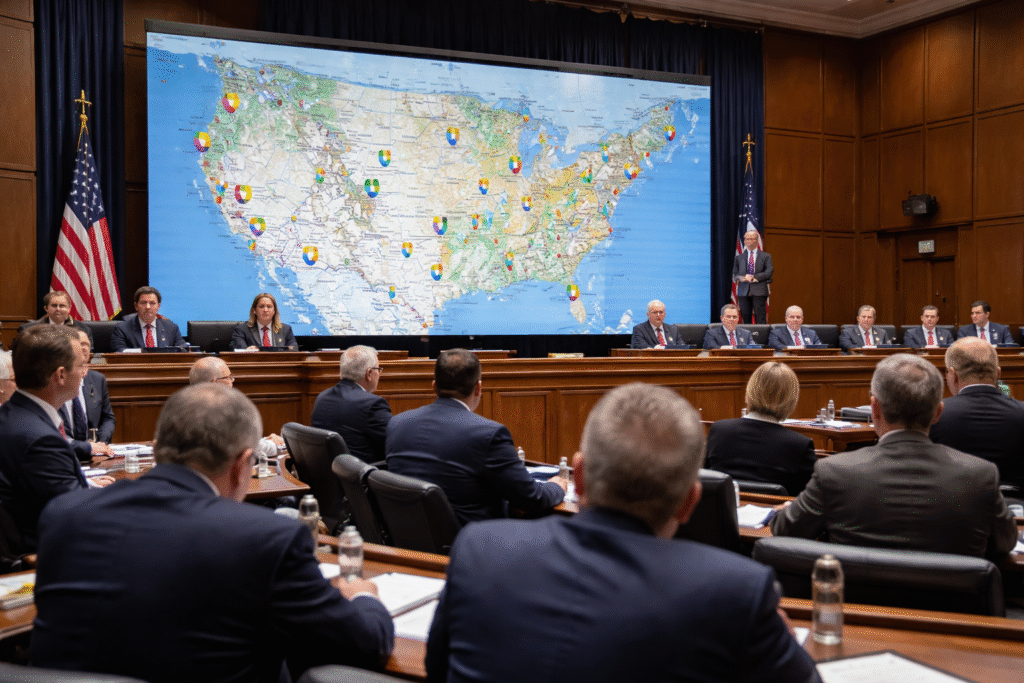 Congressional hearing room with lawmakers reviewing a large digital map display during a discussion about federal mapping policy.