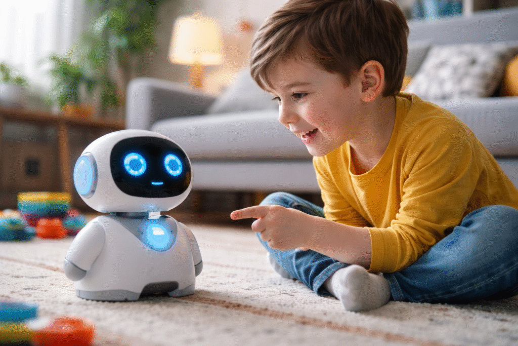 Child interacting with a smart AI-powered toy robot in a home environment while the device records and responds to speech.