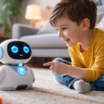 Child interacting with a smart AI-powered toy robot in a home environment while the device records and responds to speech.