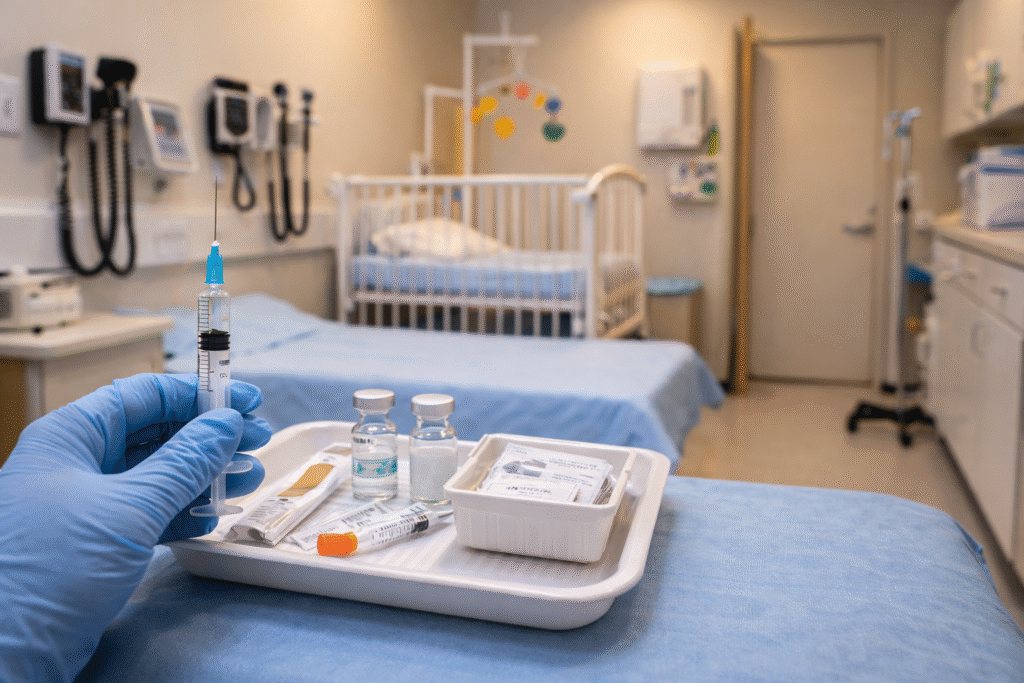 Pediatric medical examination room with vaccination supplies and clinical equipment in a healthcare setting.
