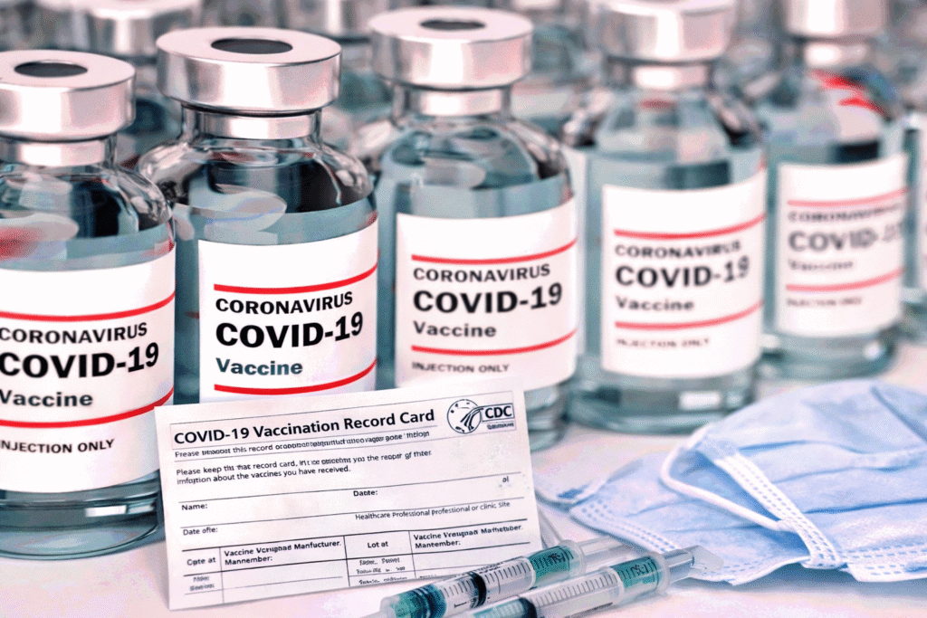 COVID-19 vaccine vials with a vaccination record card, syringes, and a face mask arranged on a clinical surface.