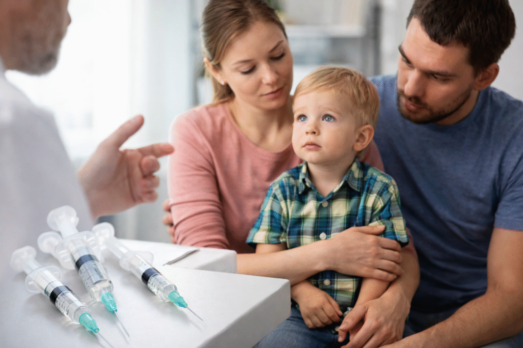Parents holding a young child in a doctor’s office while a physician gestures toward several syringes on a table during a vaccination consultation.