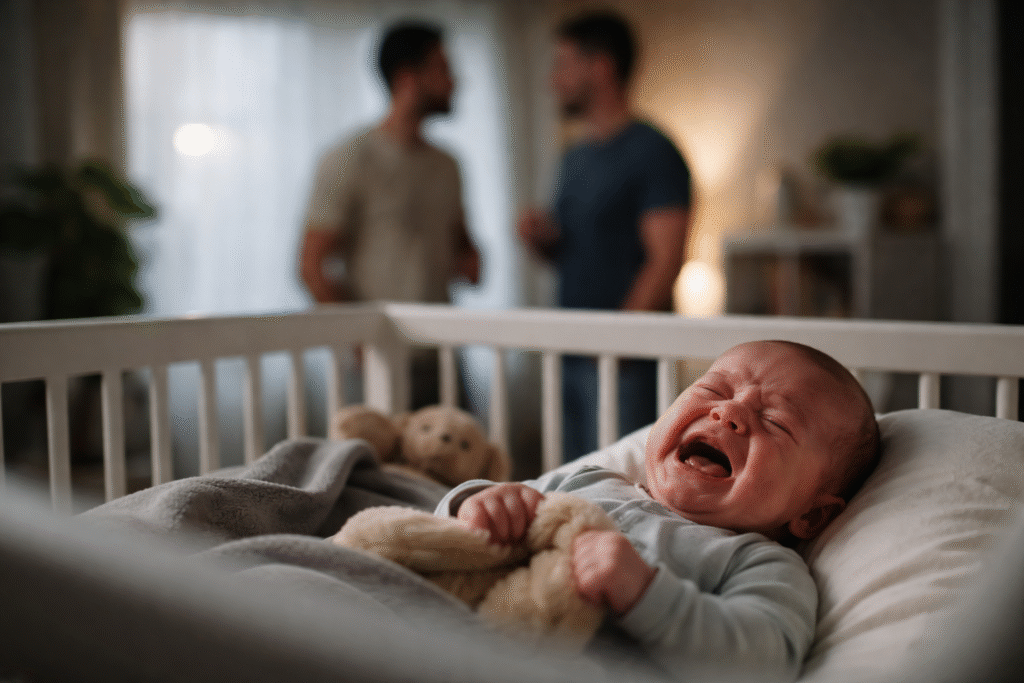 A baby lying in a crib crying while blurred adults stand in the background, symbolizing concerns about caregiving and emotional response.