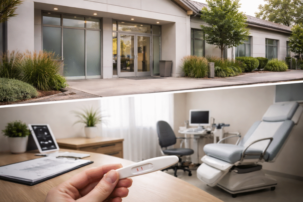 Neutral exterior of a healthcare clinic and interior medical consultation room representing reproductive health services and policy debate.
