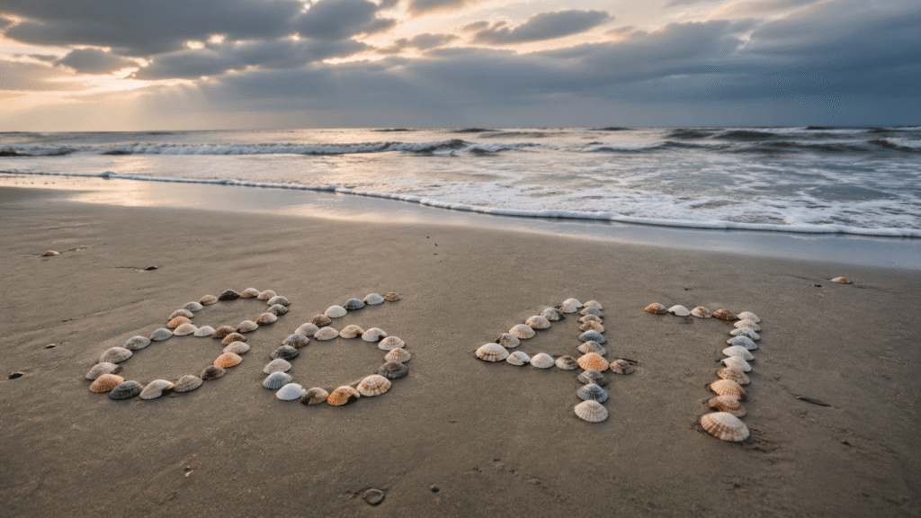 Seashells arranged in the numbers 86 and 47 on wet sand along a shoreline with waves approaching under a cloudy sky