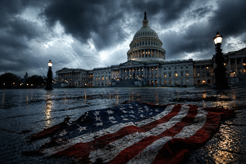Storm clouds over the U.S. Capitol building with a rain-soaked American flag lying on wet pavement in the foreground, reflecting a tense and somber political atmosphere.
