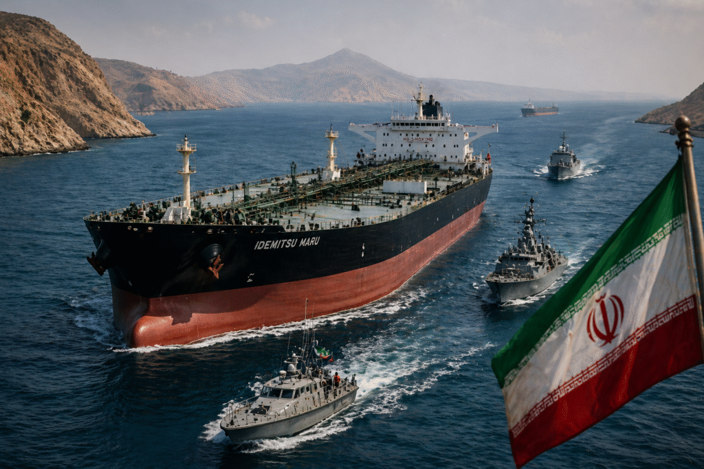 Large oil tanker navigating a narrow sea passage with escort vessels nearby, symbolizing geopolitical tension and controlled transit through a strategic waterway.